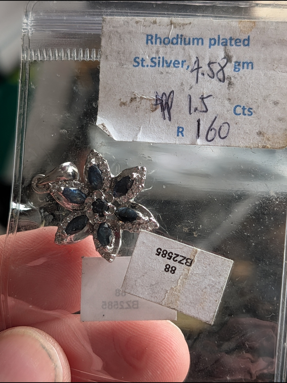Rhodium Plated Silver Sapphire Flower Pendant